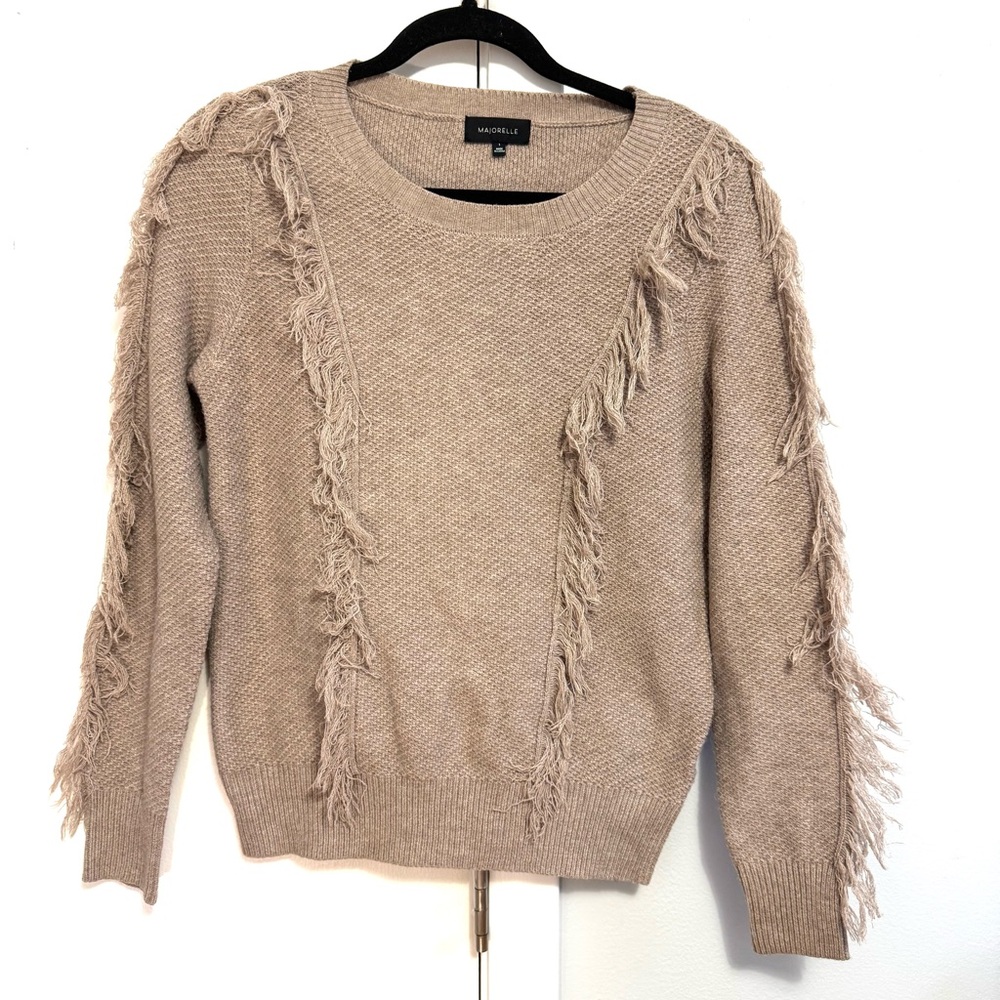 Revolve MAJORELLE Taupe Fringed Crew Neck Sweater